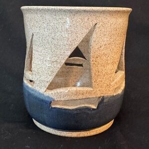 Beautiful Artisan Ceramic Candle Holder - Blue and Tan Sailboats